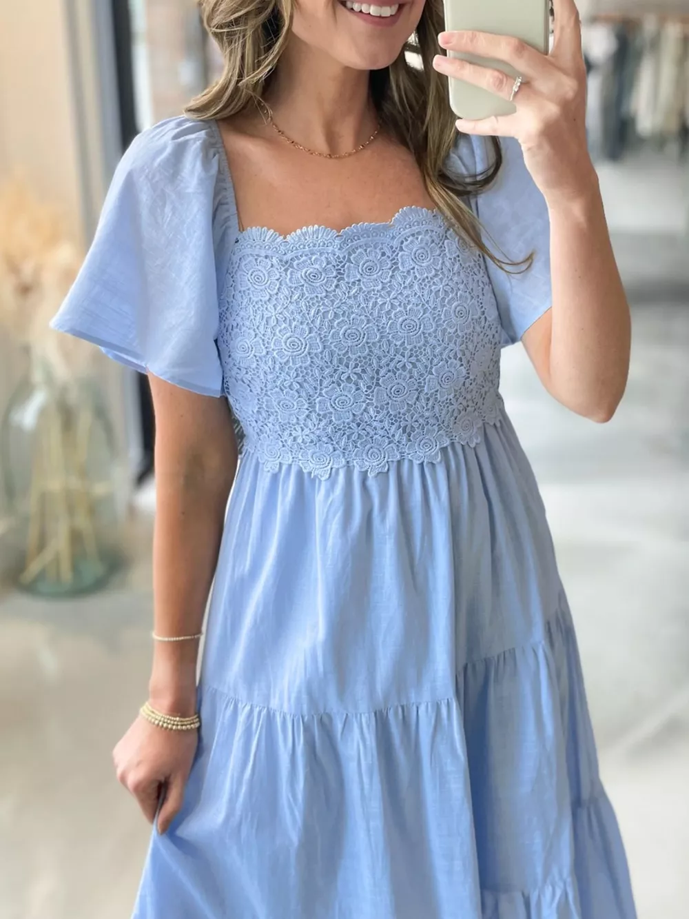 Lace Short Sleeve Tiered Midi Dress, image 2