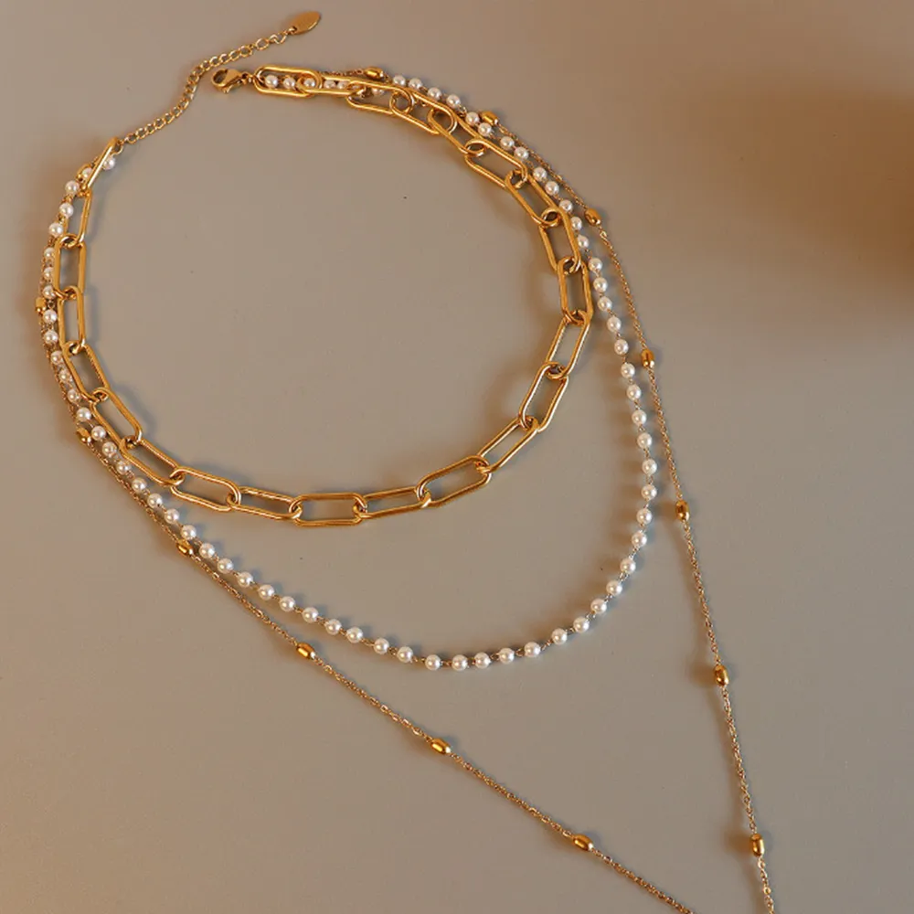 Synthetic Pearl Titanium Steel Three-Layered Necklace, image 2