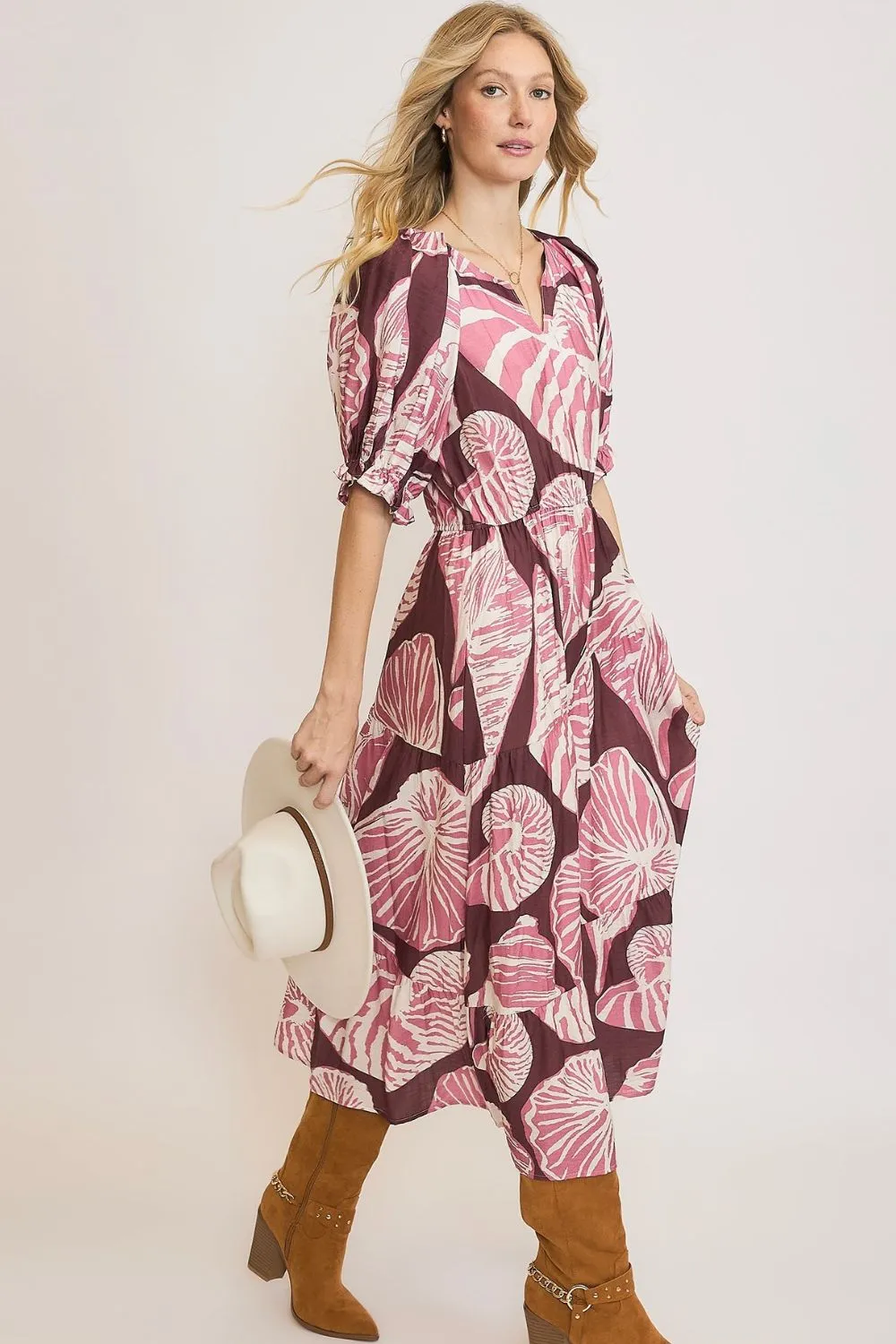 Full Size Printed Notched Puff Sleeve Midi Dress Plus Size, image 2