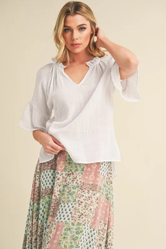 Side Slit Notched Ruffled Half Sleeve Blouse, image 2