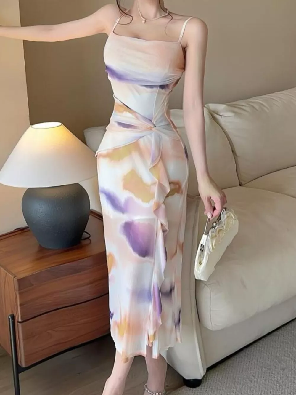 Abstract Watercolor Print Ruched Midi Dress, image 9