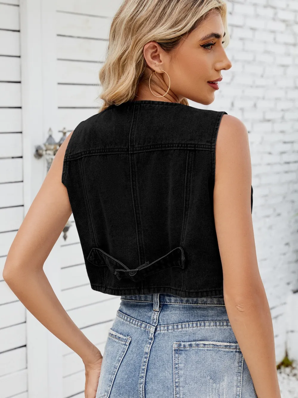 V-Neck Button Down Denim Vest, image 2
