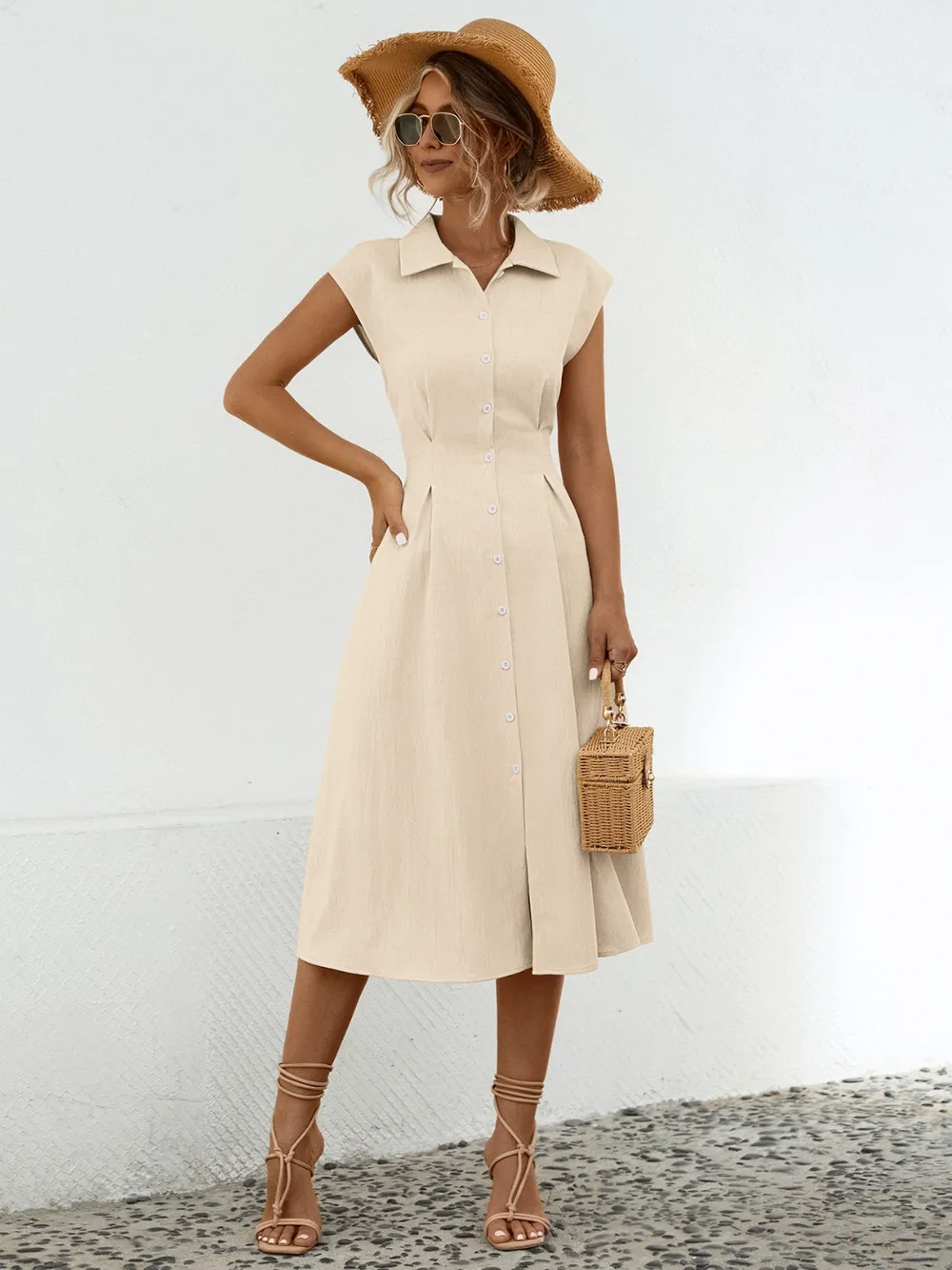 Button Up Cap Sleeve Midi Dress, image 2