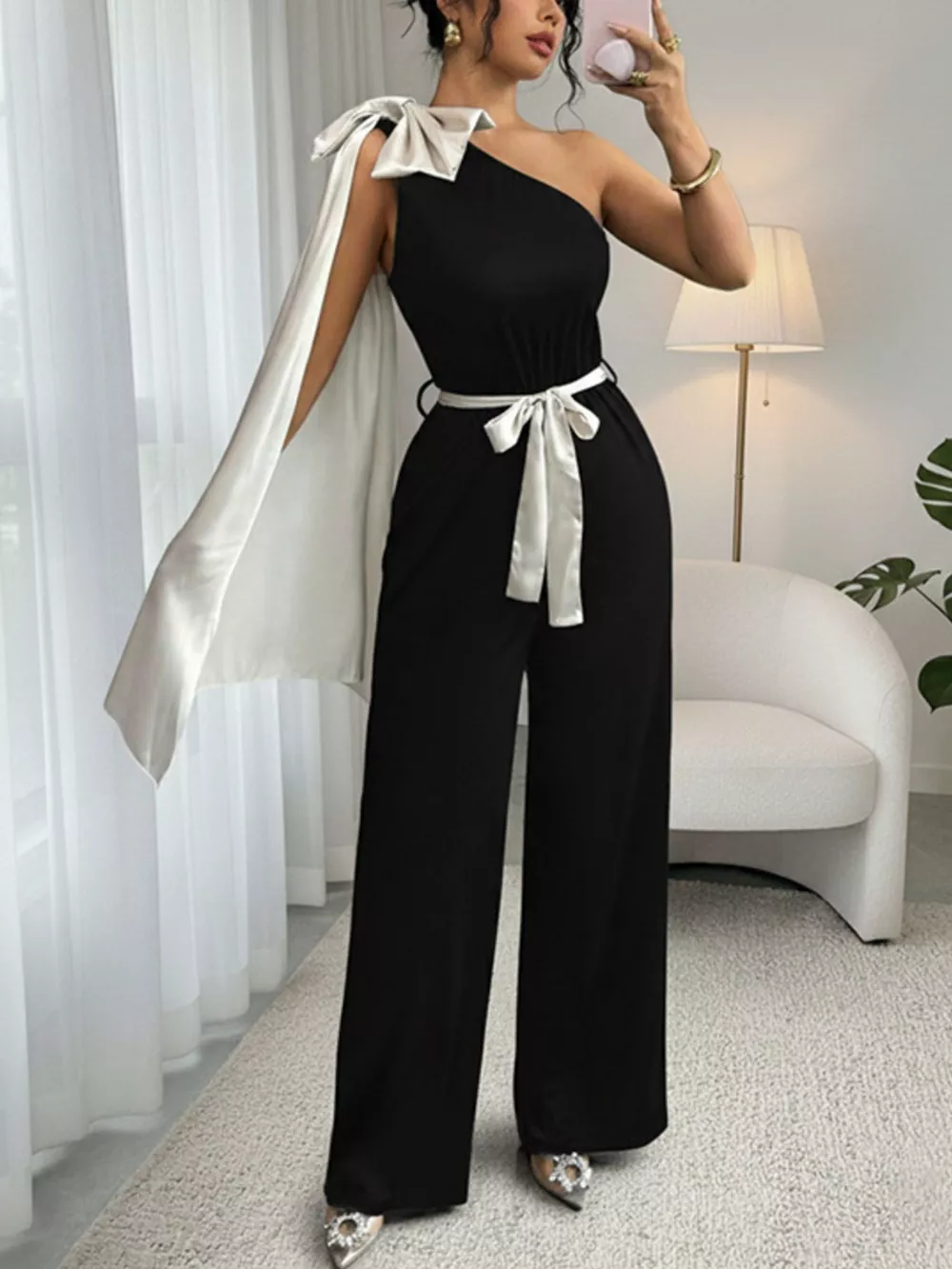 One-Shoulder Bowknot Wide Leg Jumpsuit, image 3