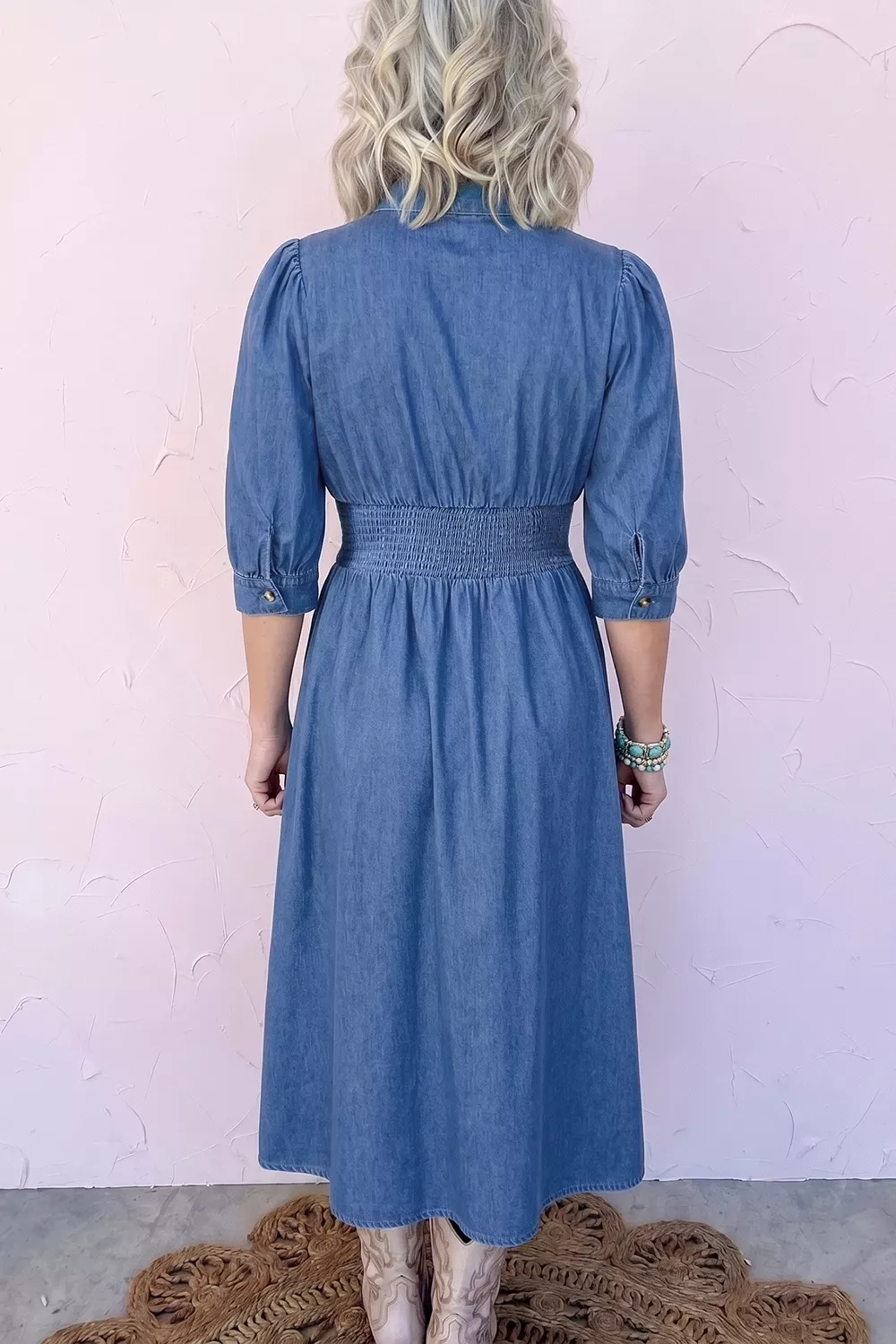 V Neck Shirred Waist Metal Zipper Denim Midi Dress, image 3