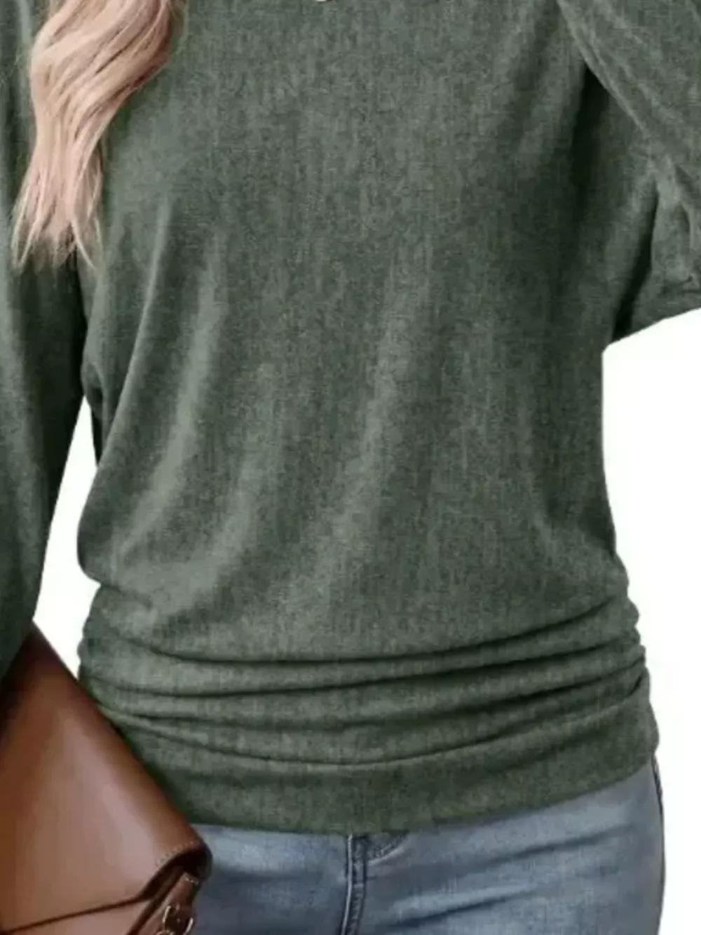 Long Sleeve Crew Neck Casual T-Shirt with Ruched Hem, image 18