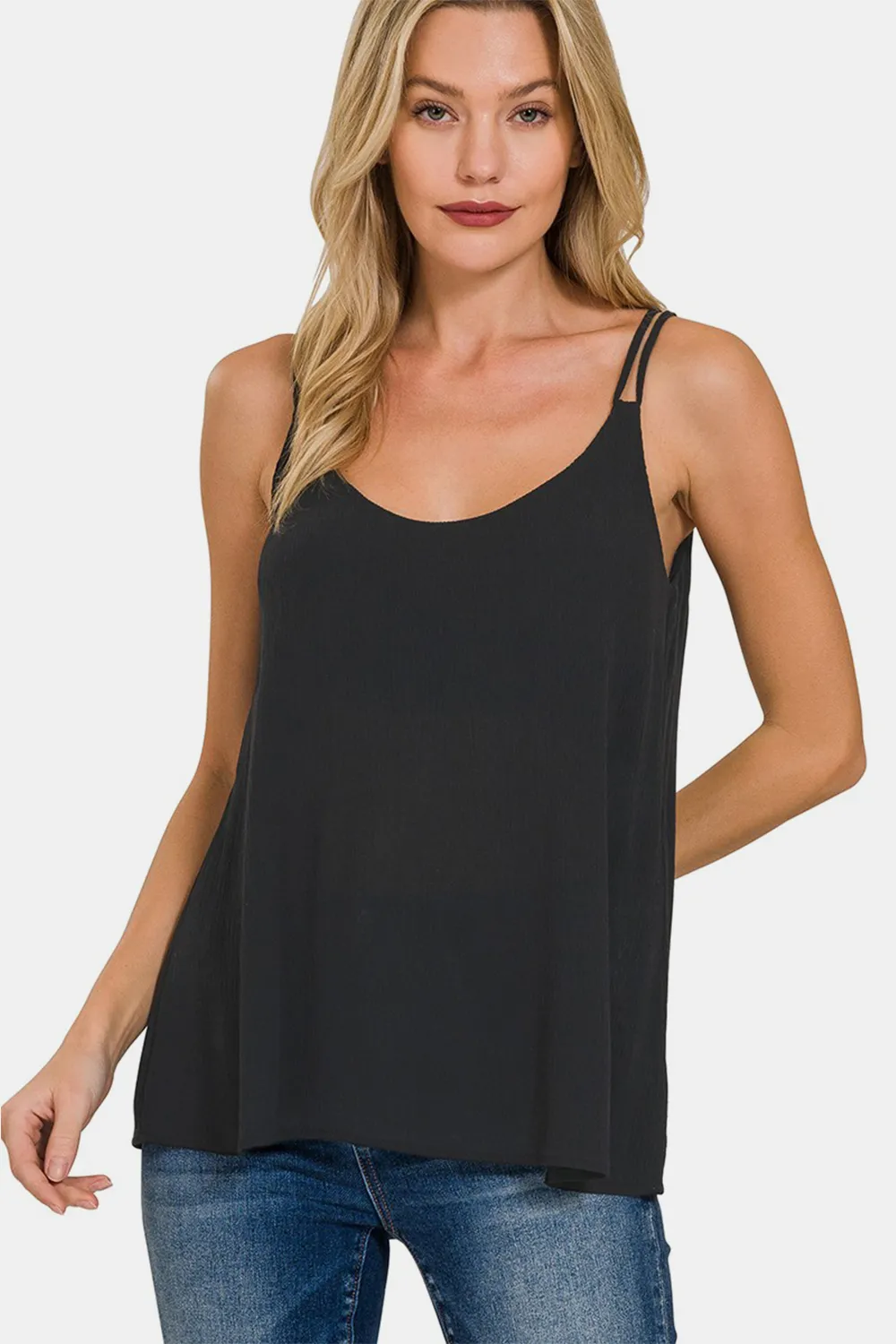 Woven Double Spaghetti Strap V-Neck Cami