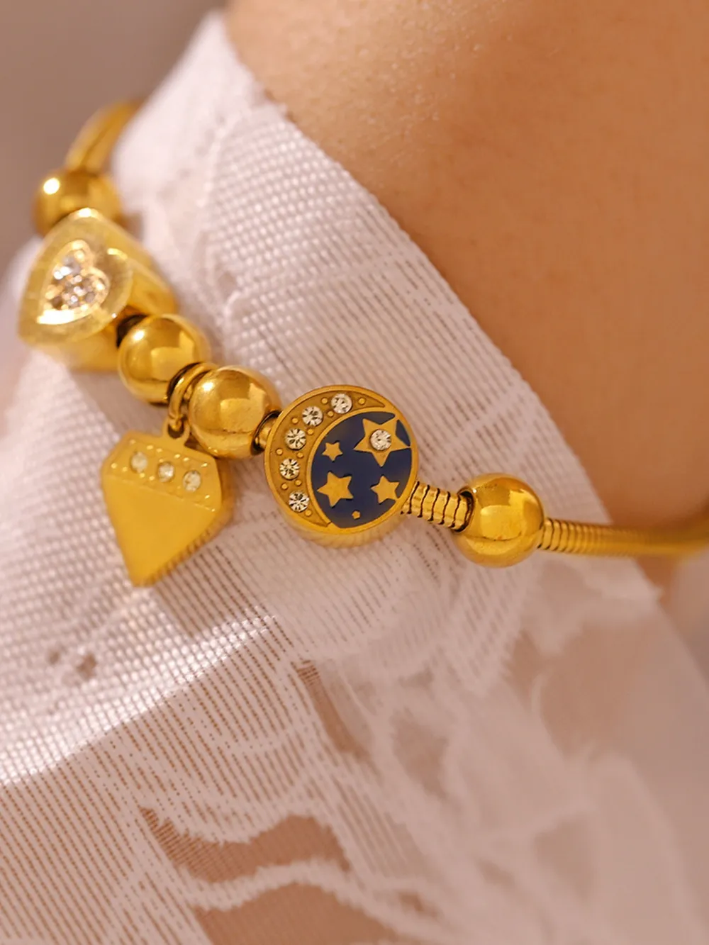 Stainless Steel Rhinestone Charm Bracelet, image 2