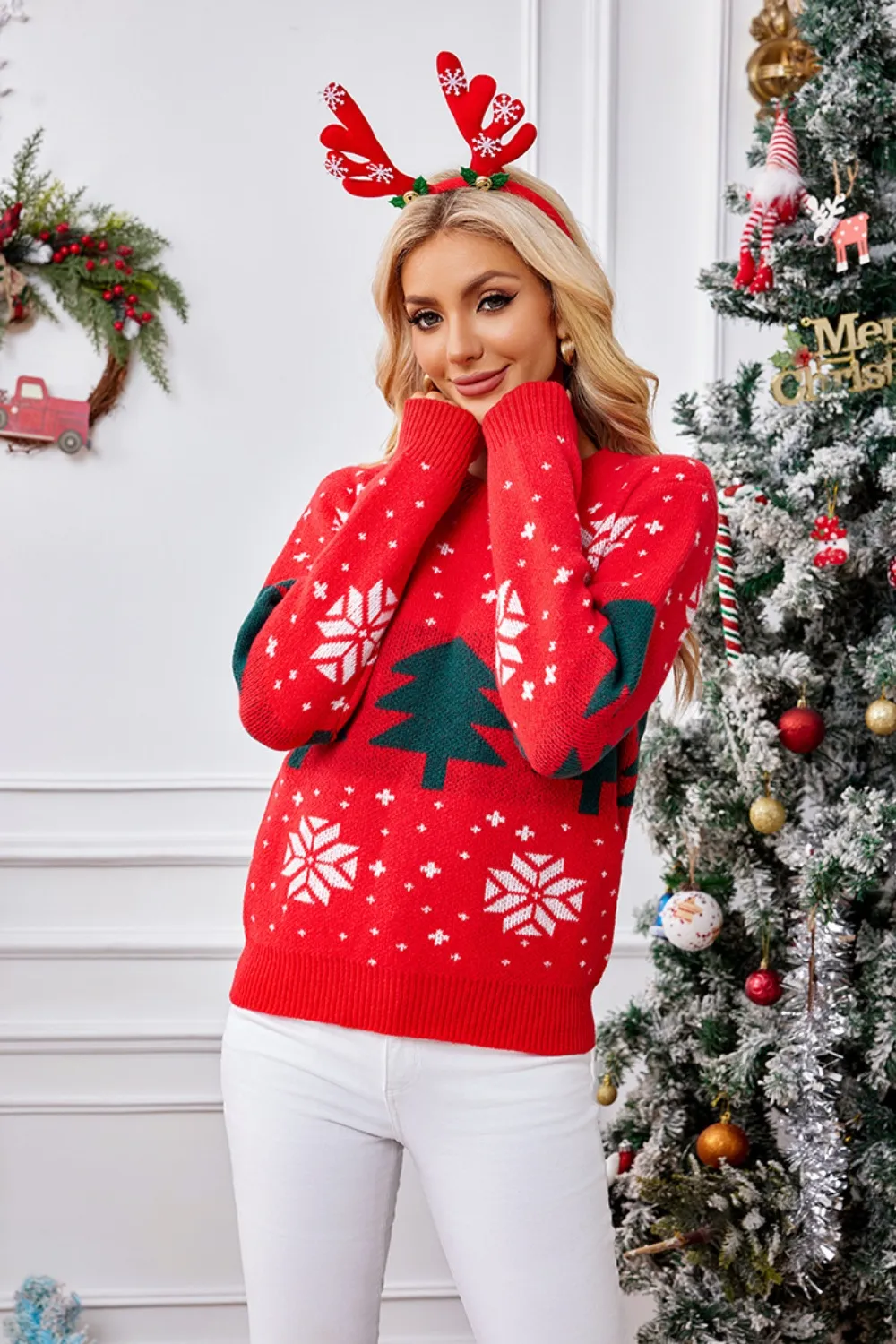 Christmas Tree Round Neck Long Sleeve Sweater, image 3
