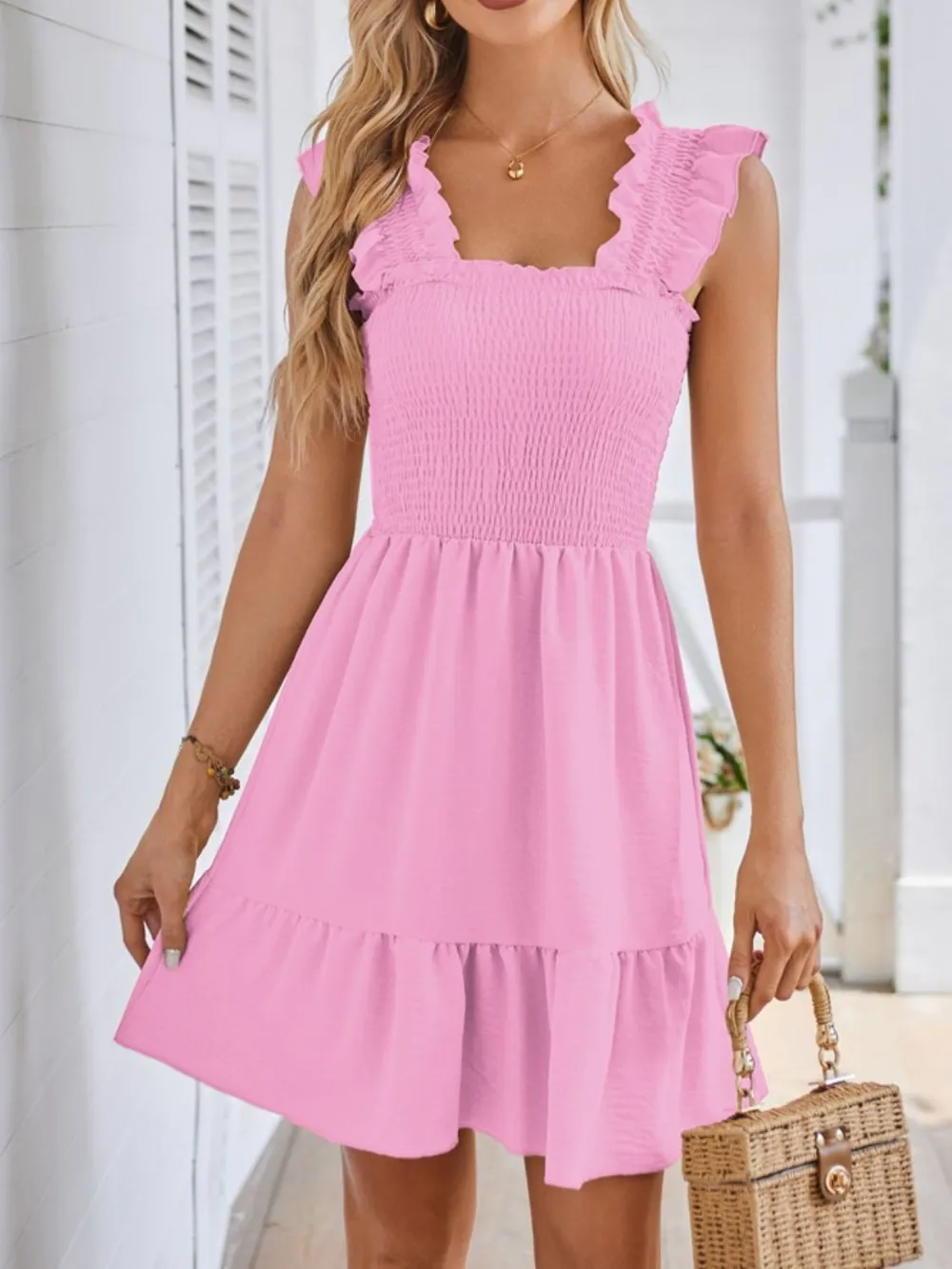 Smocked Square Neck Wide Strap Dress, image 2
