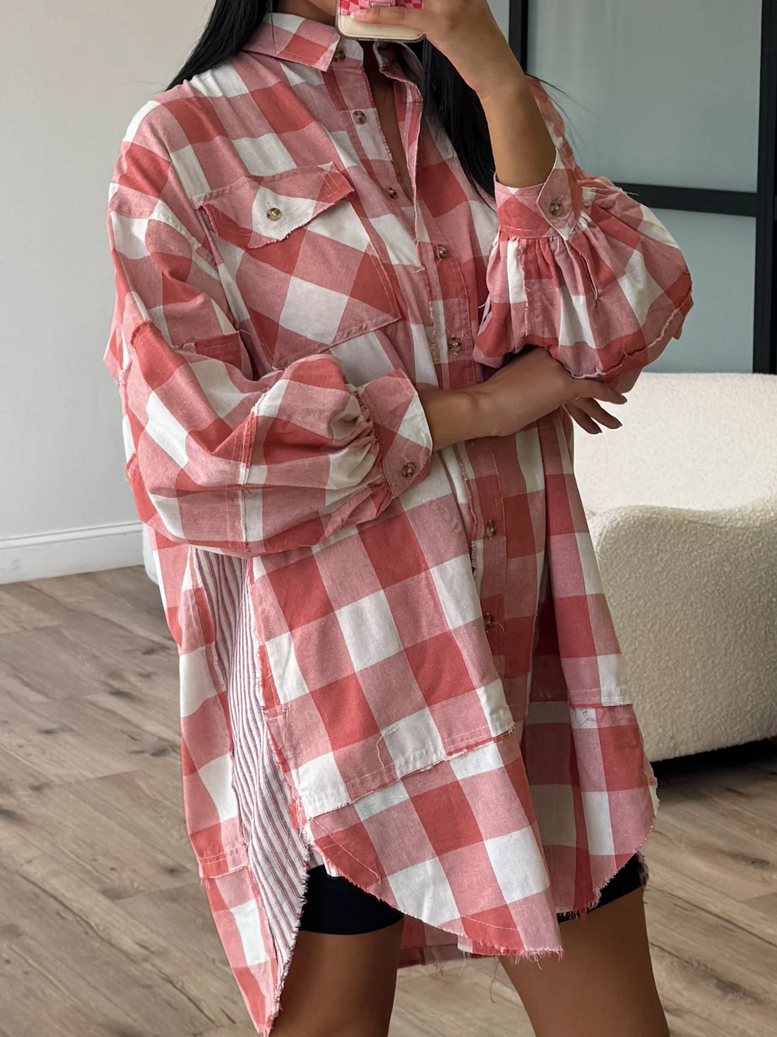 Plaid Collared Neck Long Sleeve Shirt Dress, image 9