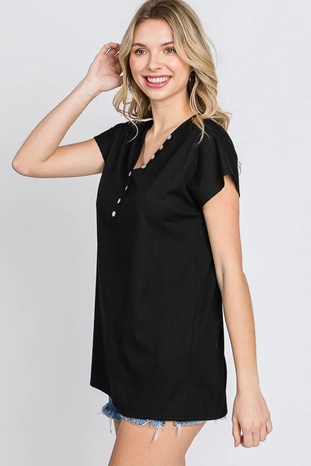 Full Size Front Button V-Neck Short Sleeve T-Shirt, image 3