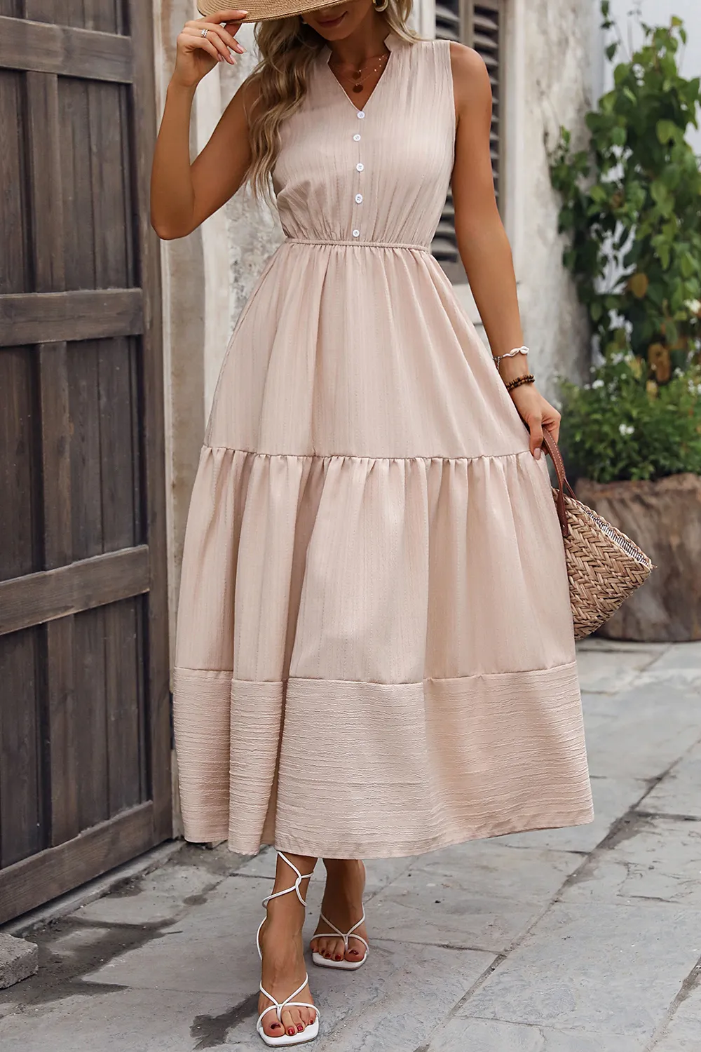 Decorative Button Notched Tiered Dress, image 2