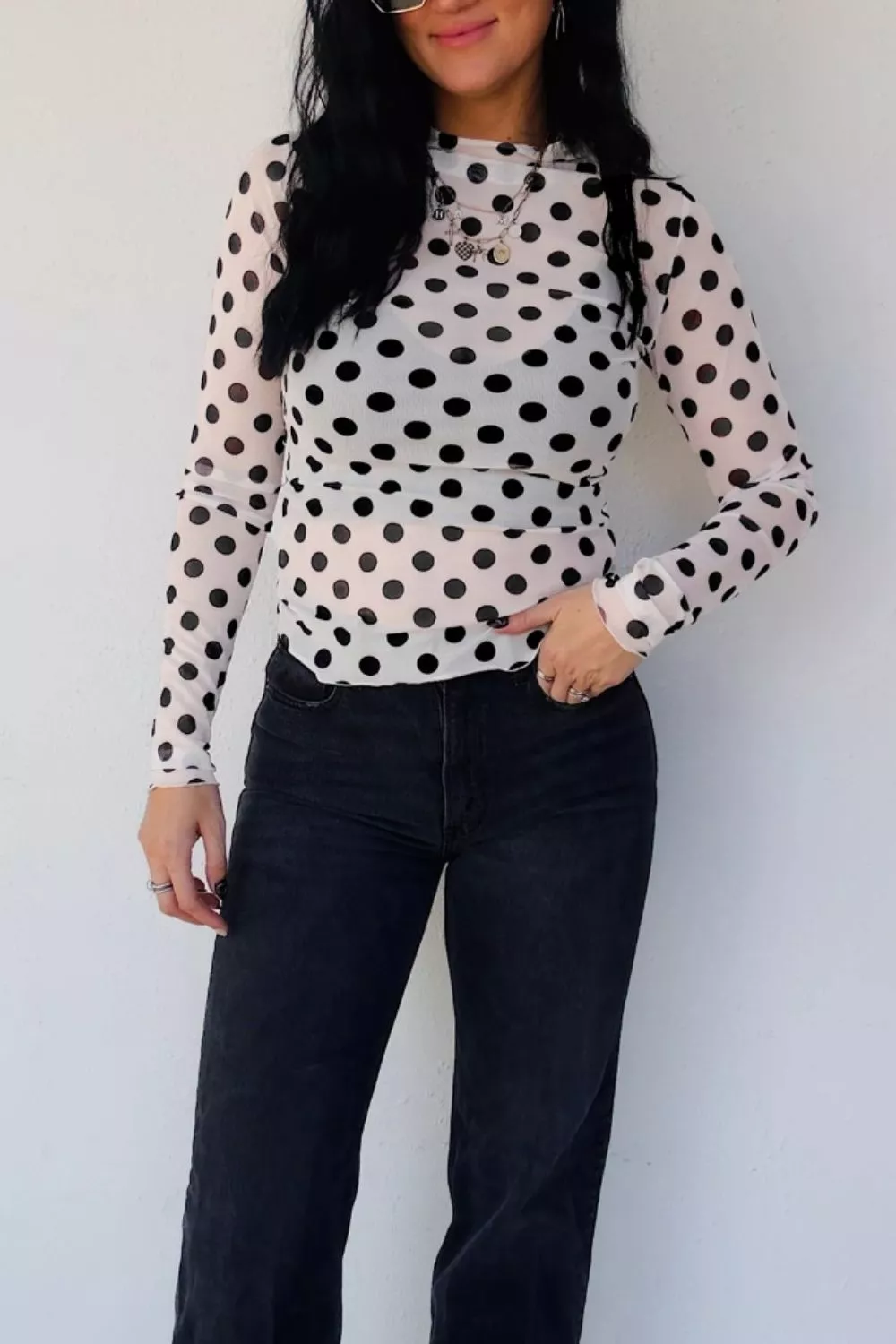 Polka Dot Mesh Long Sleeve Stand Neck Sheath Top, image 2