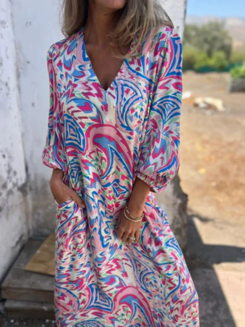 Full Size Printed V-Neck Dress with Pockets Plus Size, image 7