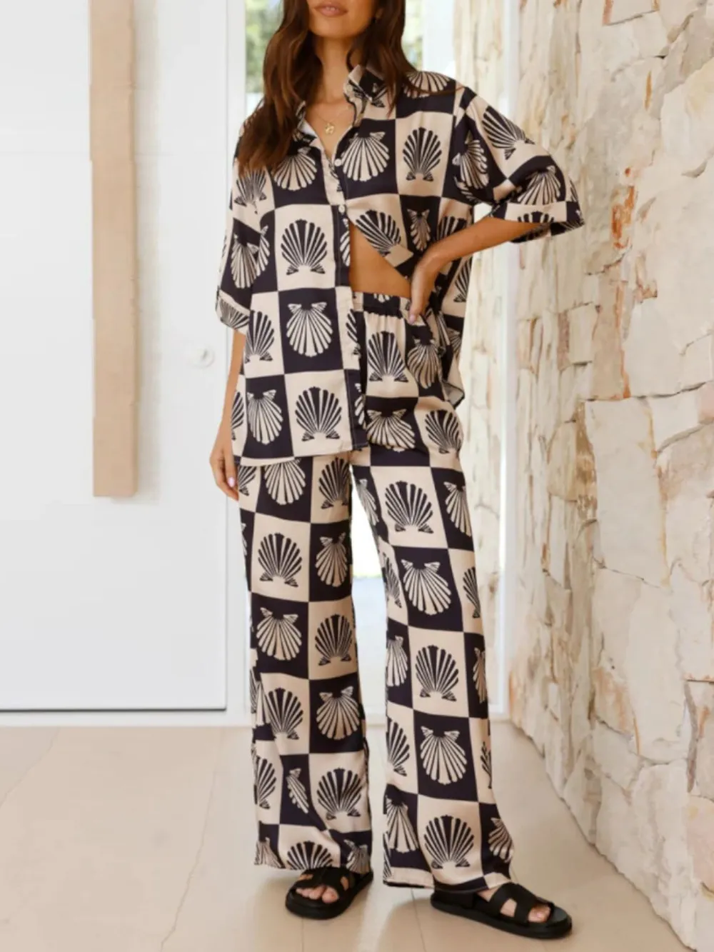 Printed Collared Neck Top and Wide Leg Pants Set, image 3