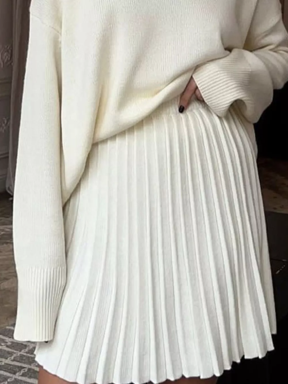 Round Neck Top and Pleated Skirt Sweater Set, image 5