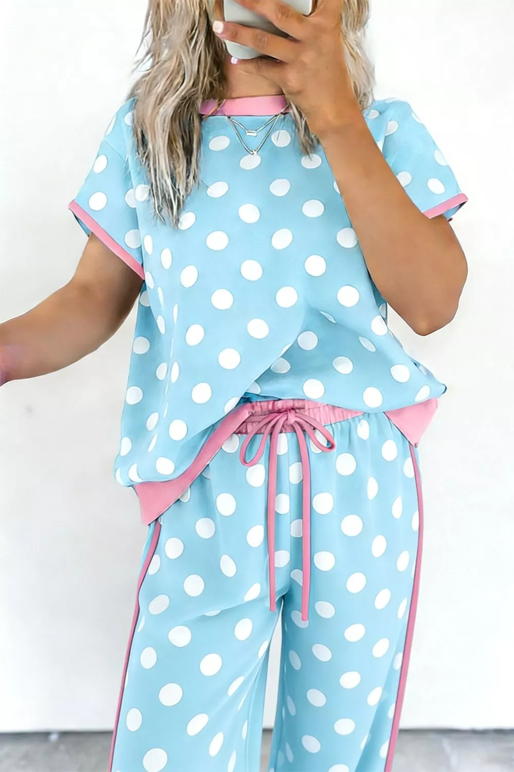 Polka Dot Contrast Trim Top and Pants Set, image 2
