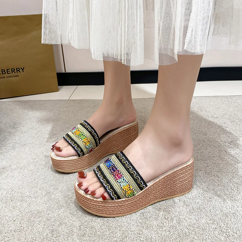 Contrast Cloth Wedge Sandals, image 6