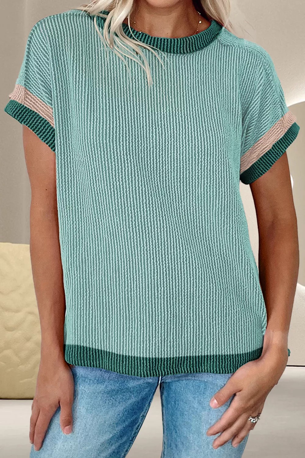 Color Block Round Neck Cap Sleeve T-Shirt, image 3