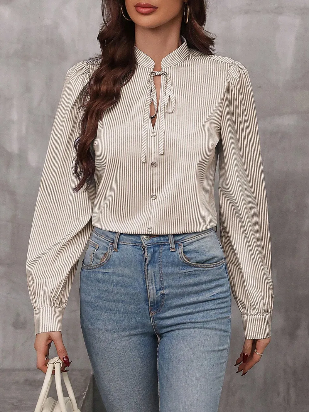 Striped Tie Neck Long Sleeve Blouse, image 2