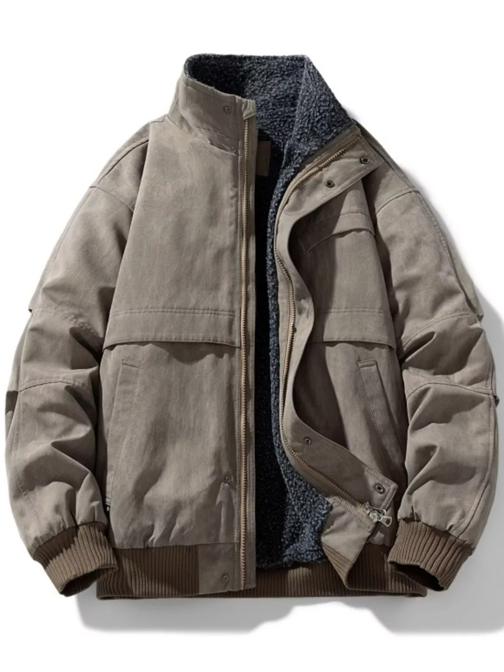 Men's Plus Size Sherpa Lined Stand Collar Bomber Jacket, image 7