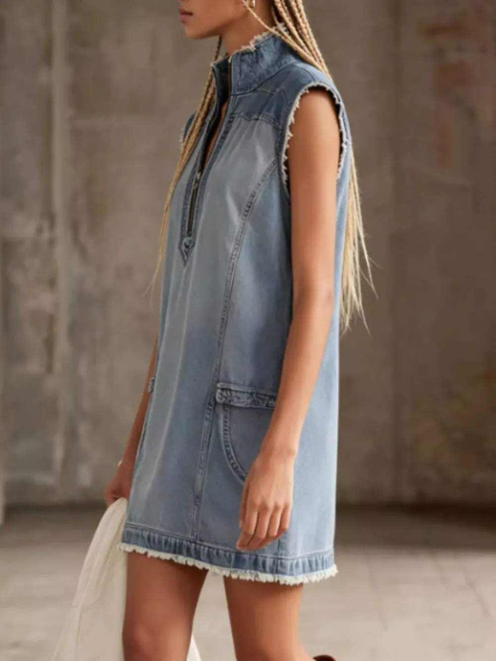 Sleeveless Frayed-Hem Zip-Front Denim Mini Dress, image 2