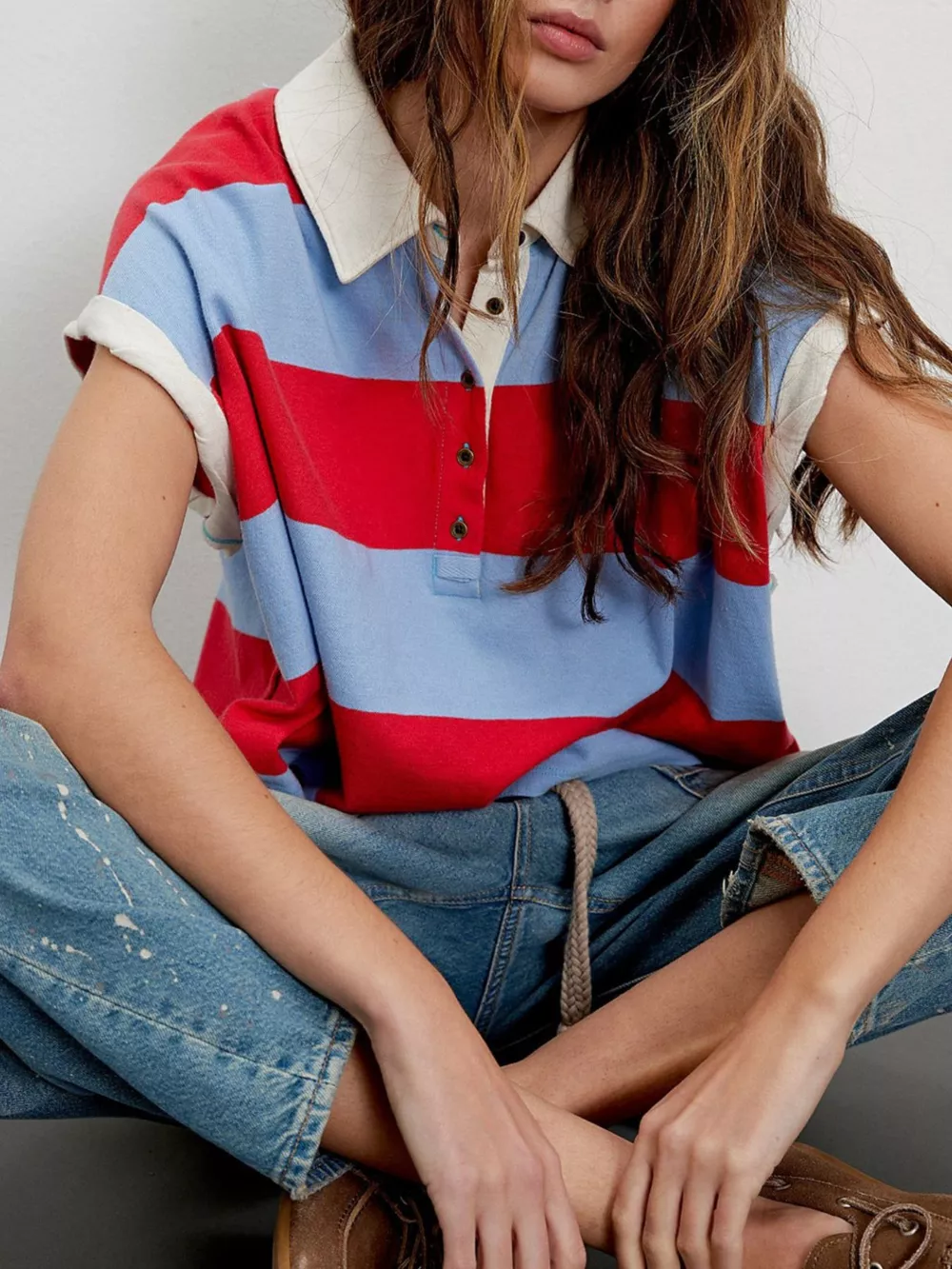 Half Button Striped Short Sleeve Cropped Polo Shirt, image 3