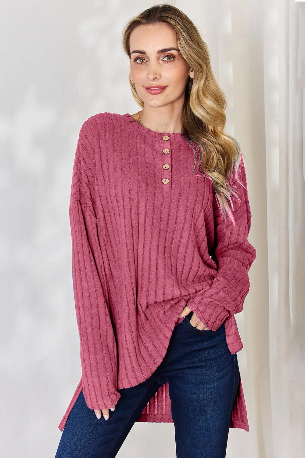 Full Size Ribbed Half Button Long Sleeve High-Low T-Shirt, image 4