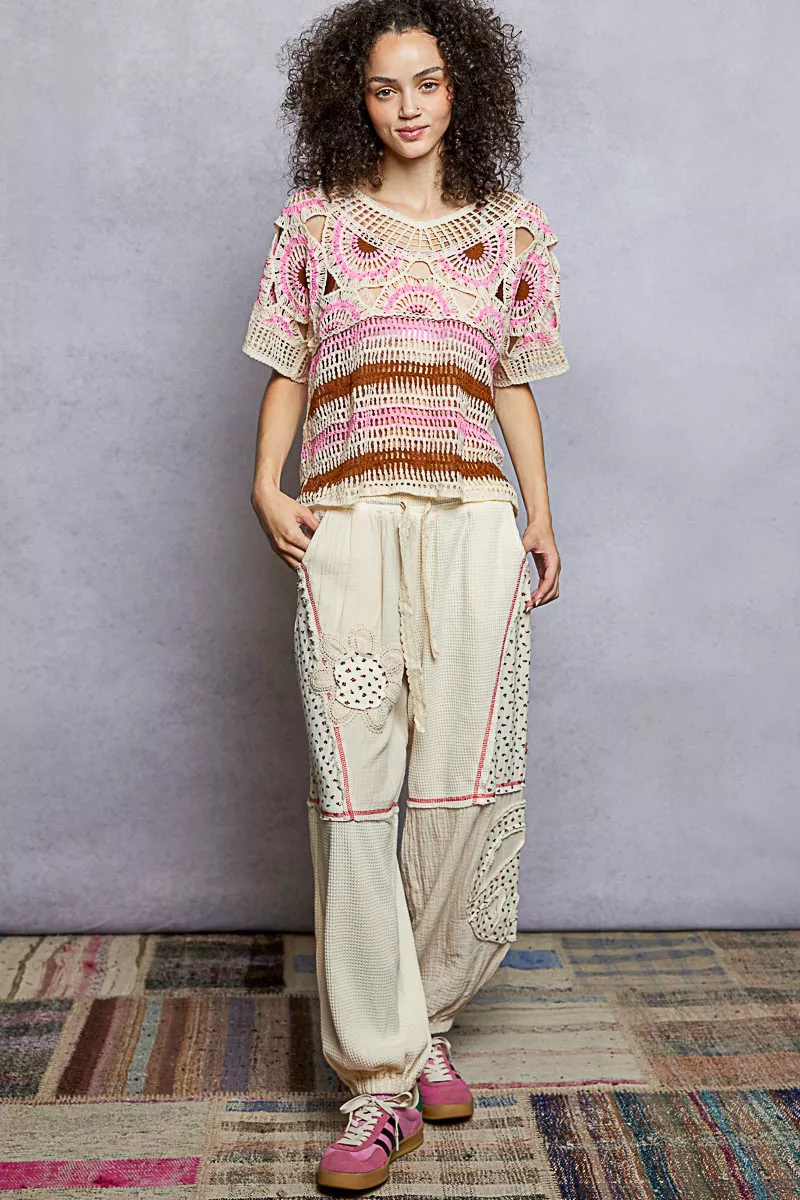 Weave Pattern Short Sleeve Crochet Top with Border Accents, image 6
