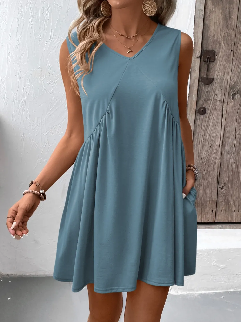 Ruched V-Neck Sleeveless Mini Dress, image 22