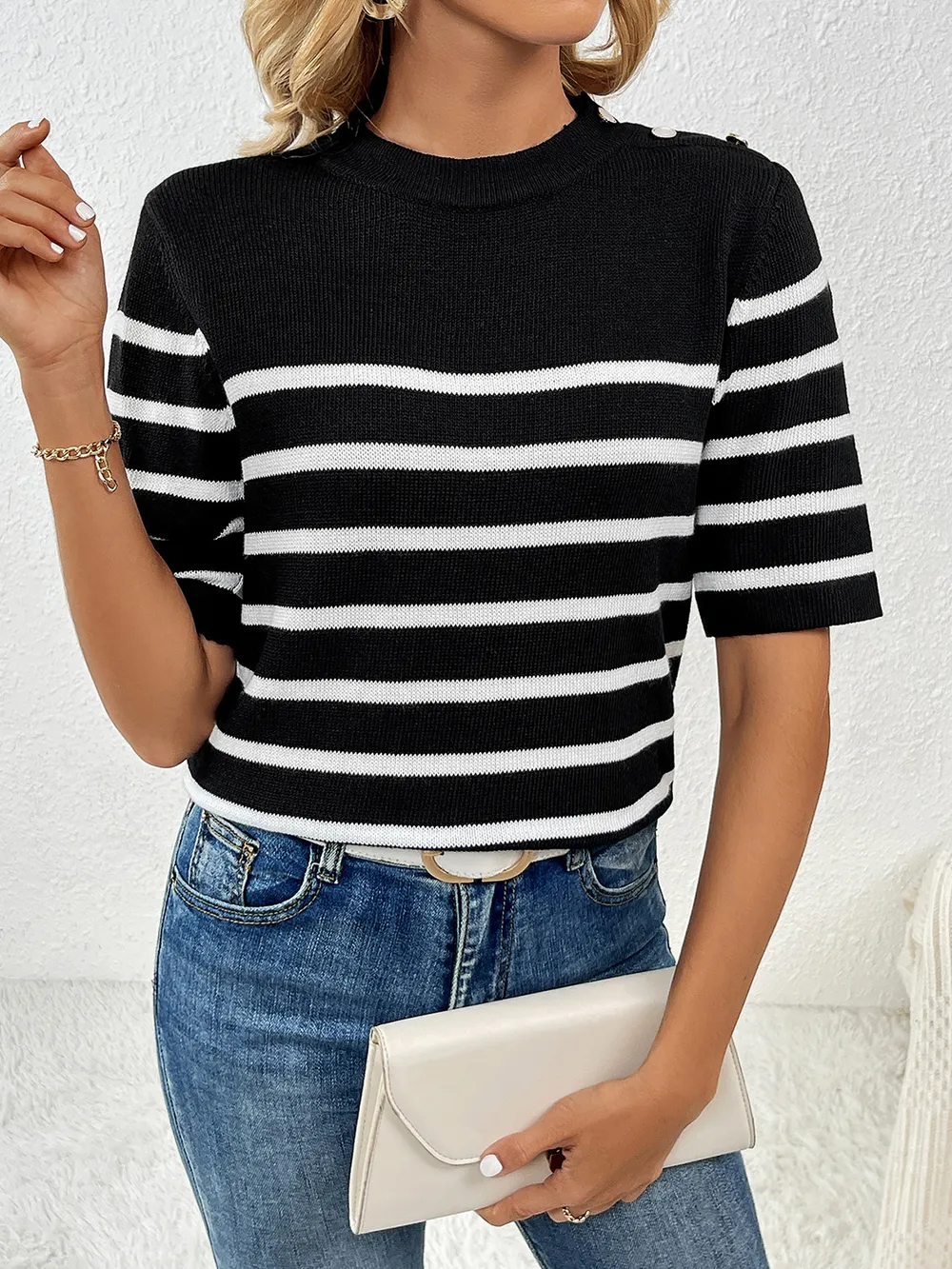 Striped Round Neck Half Sleeve Knit Top, image 4