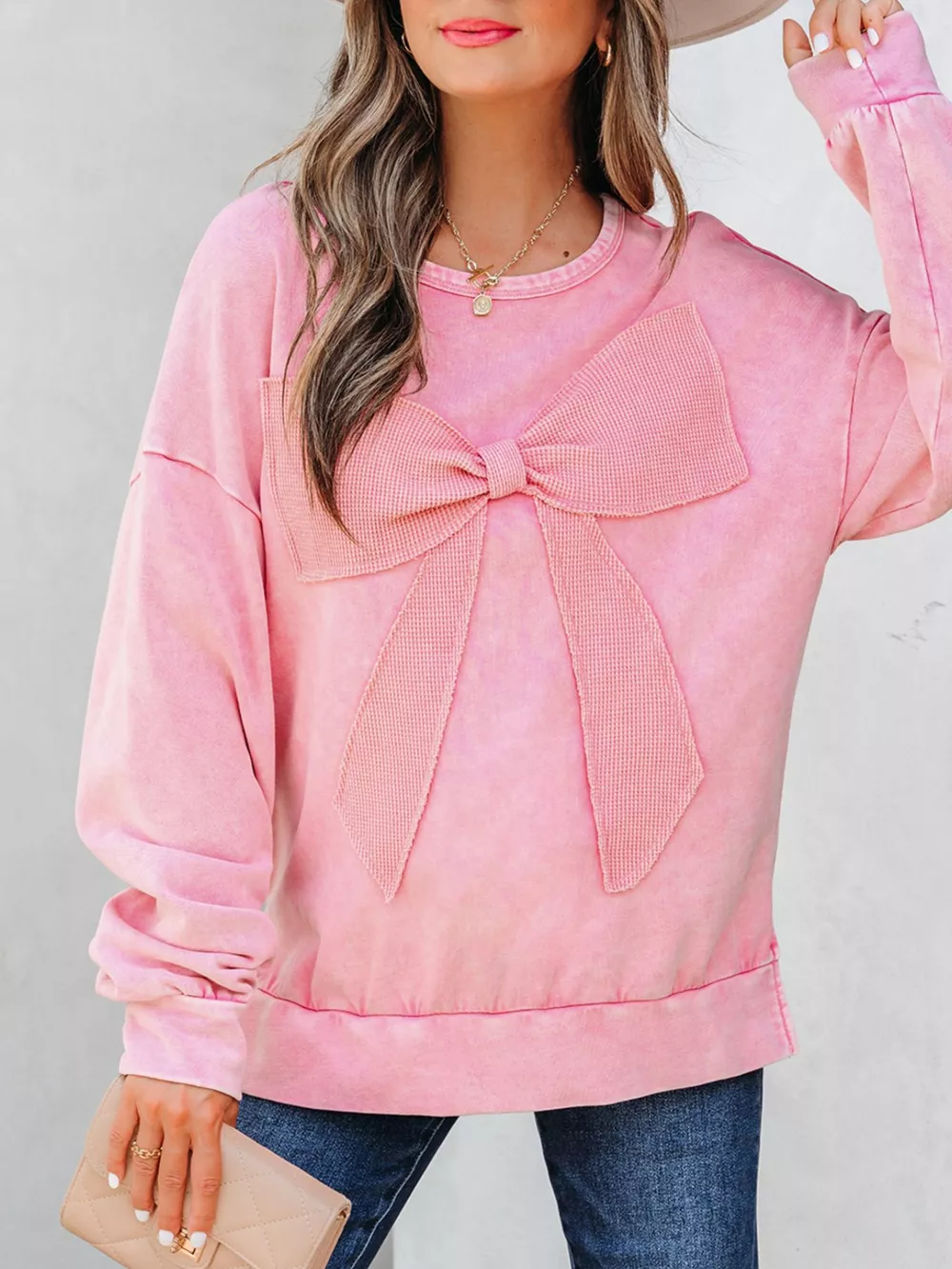 Mineral Wash Bow Patchwork Sweatshirt, image 2