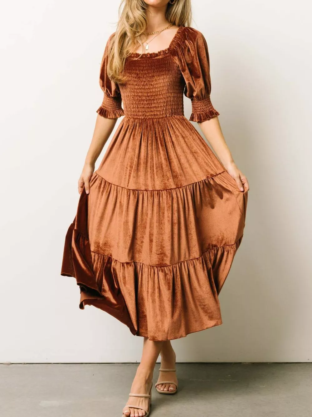 Velvet Smocked Tiered Midi Dress, image 5