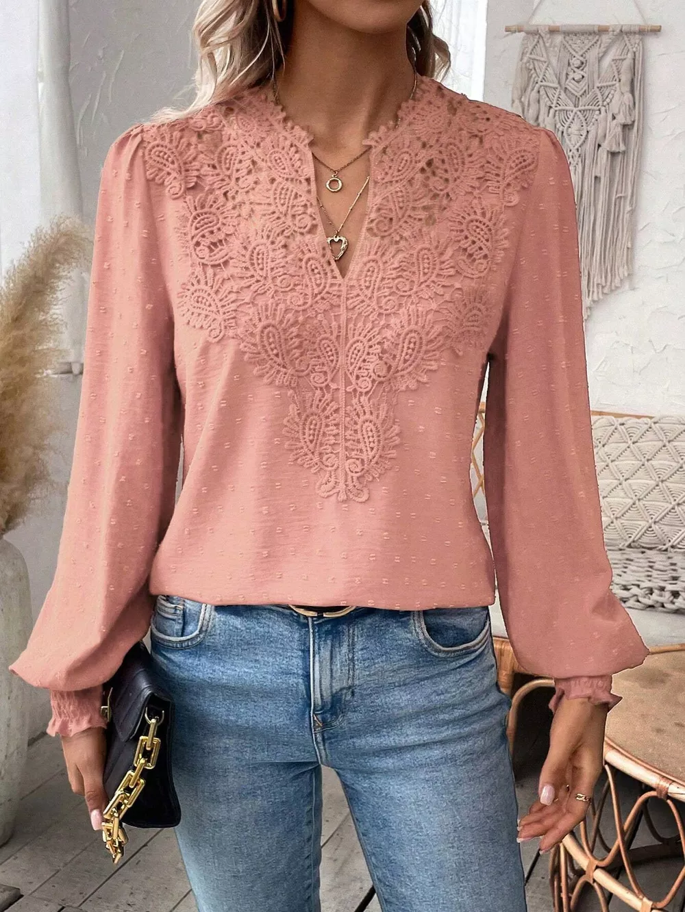 Lace Trim Long Sleeve Blouse, image 3