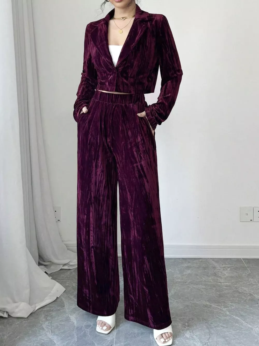 Pleated Velvet Blazer & Wide Leg Pants Set, image 11