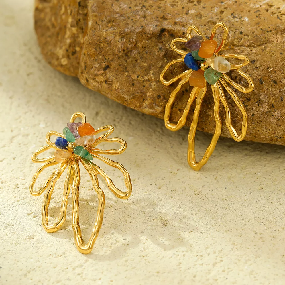 18K Gold-Plated Natural Stone Flower Earrings