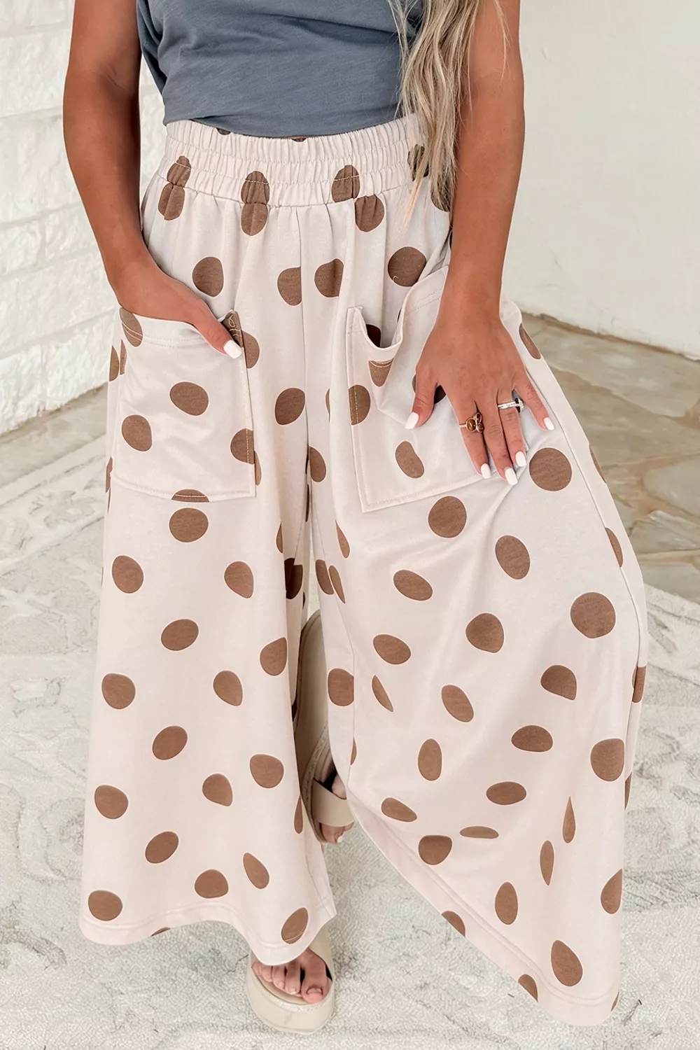 Polka Dot Wide Leg Elastic Waist Casual Pants, image 7