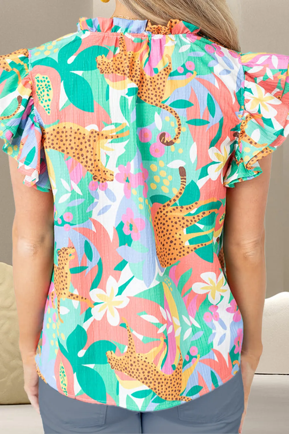 Ruffled Printed Tie Neck Cap Sleeve Blouse, image 2