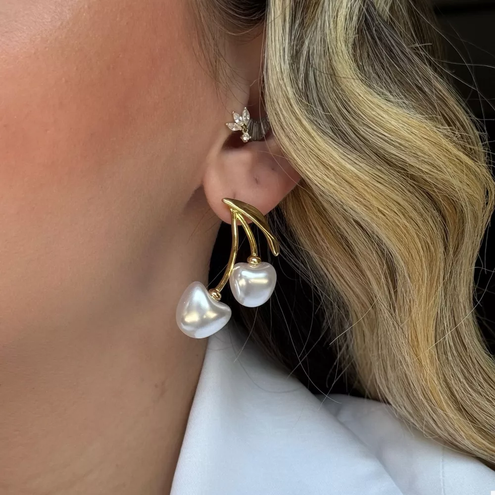 18K Gold-Plated Pearl Cherry Earrings, image 3