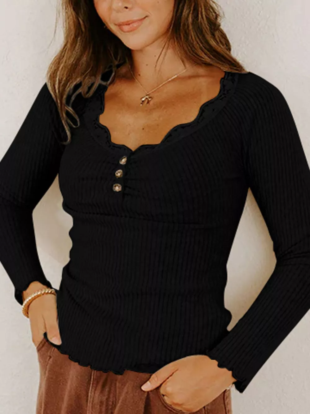 Button Detail Long Sleeve Top, image 2