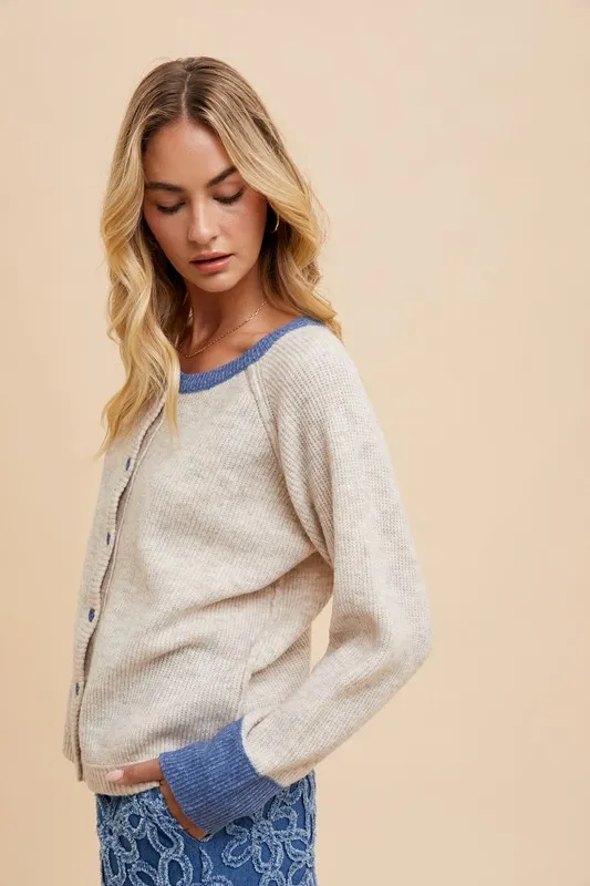 Contrast Trim Button Down Raglan Sleeve Cardigan, image 6