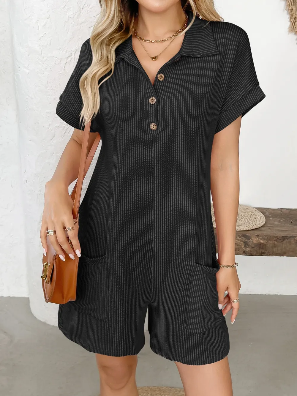 Button Detail Collared Neck Short Sleeve Romper, image 2