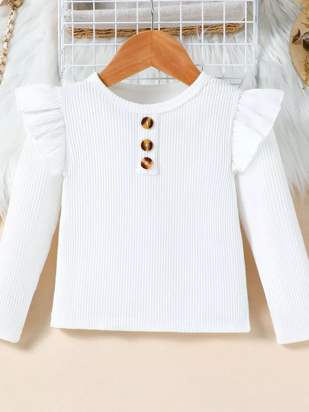 Children's Ruffle Sleeve Top & Pleated Skirt Set with Hat and Belt, image 3