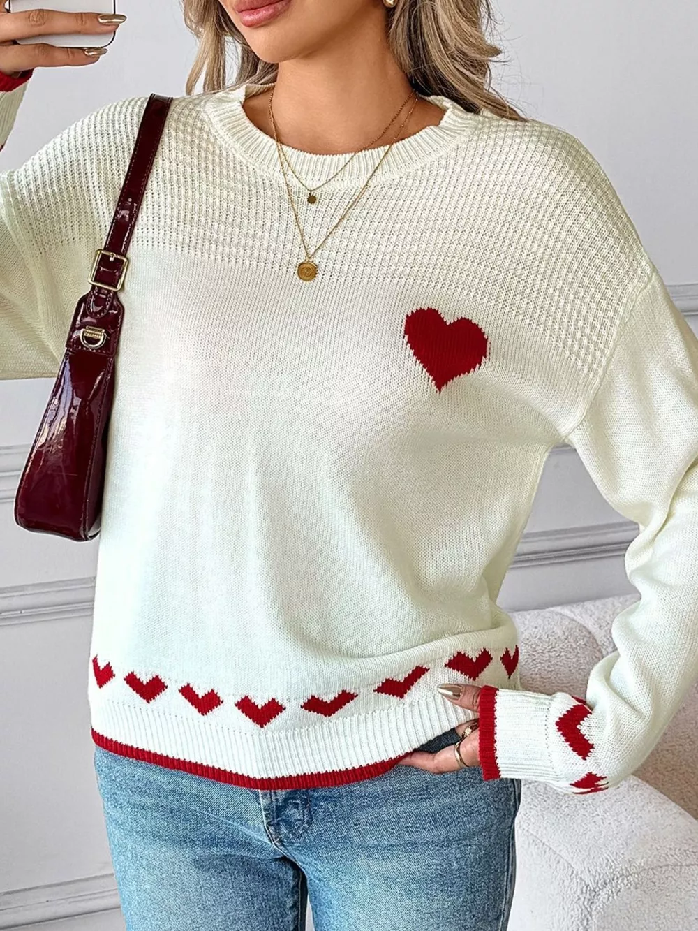 Heart Pattern Dropped Shoulder Sweater, image 2
