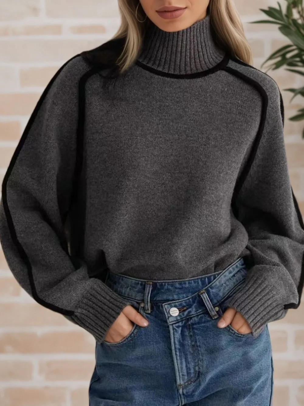 Contrast Trim Turtleneck Sweater, image 16