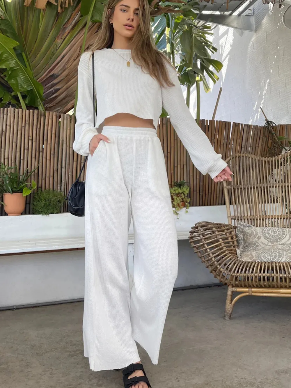 Waffle-Knit Round Neck Top and Pants Set, image 4