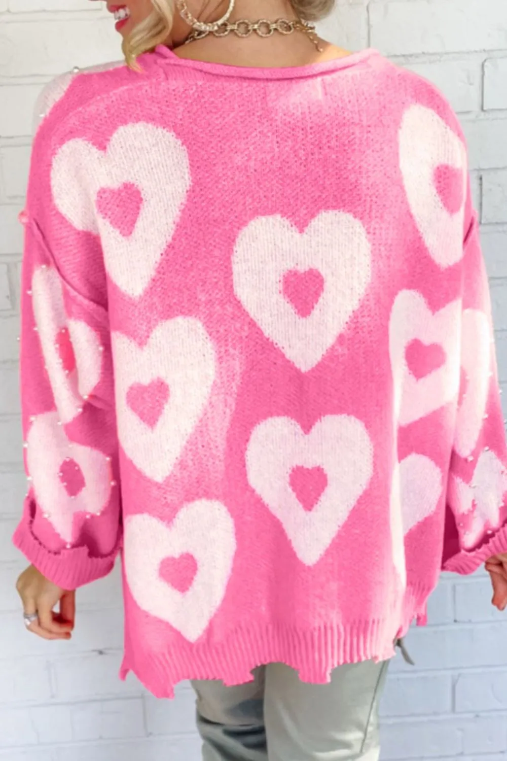 Pearl Detail Heart Round Neck Long Sleeve Sweater, image 3
