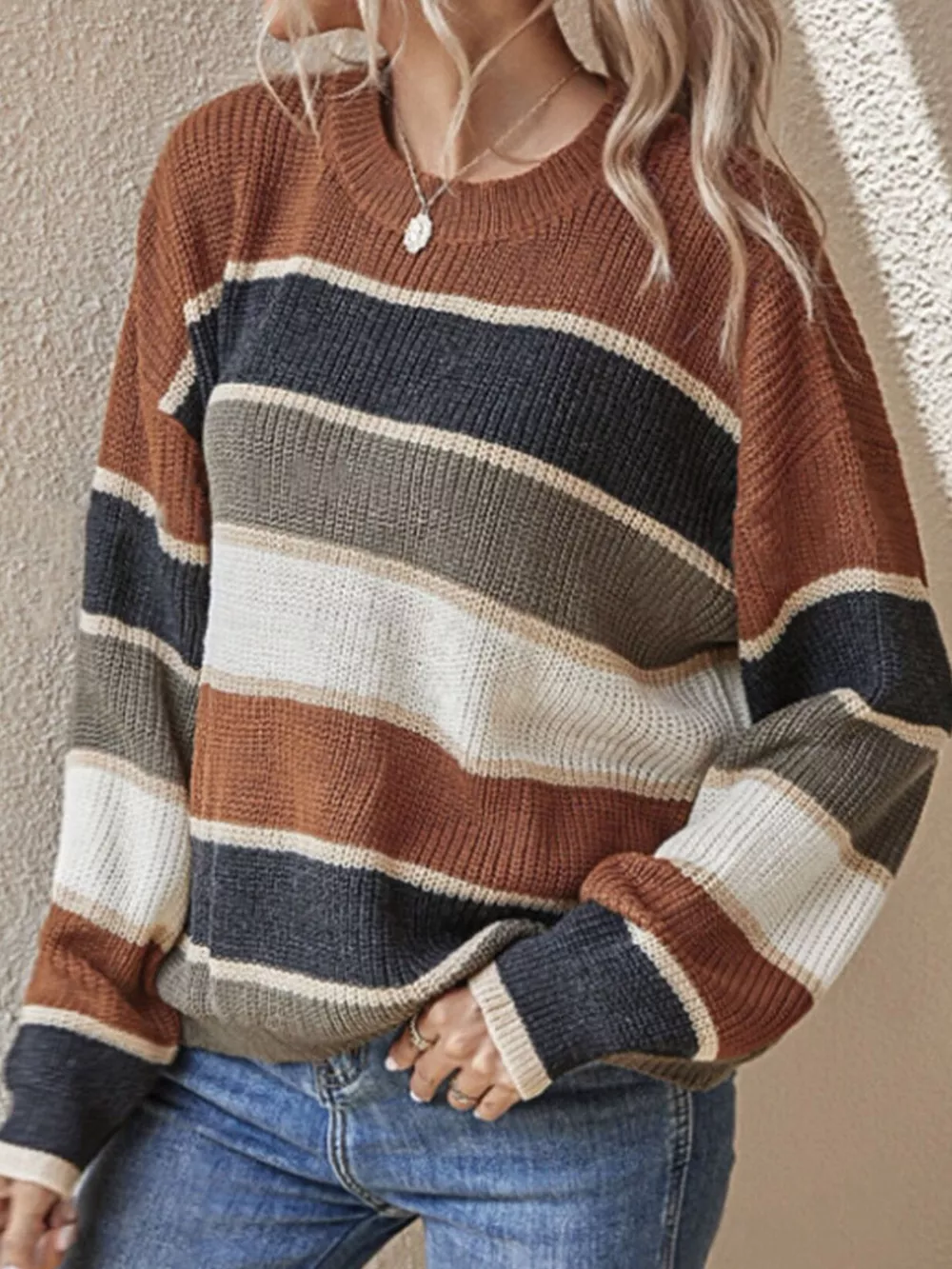 Color Block Striped Crew Neck Sweater, image 4