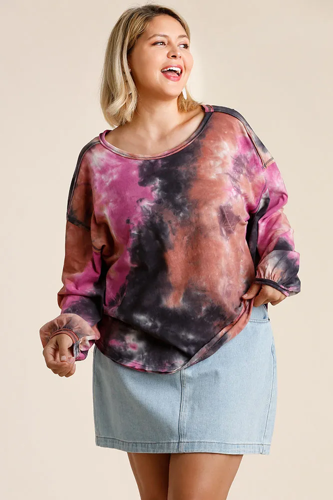 Full Size Tie Dye Round Neck Long Balloon Sleeve Top Plus Size, image 4